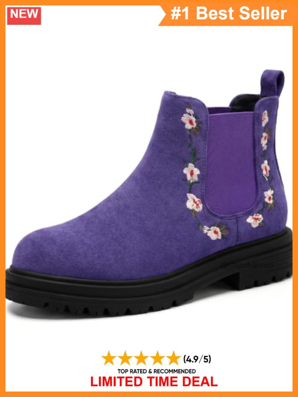 Faux Suede Floral Embroidered Chelsea Ankle Boots Chunky Lug Heel